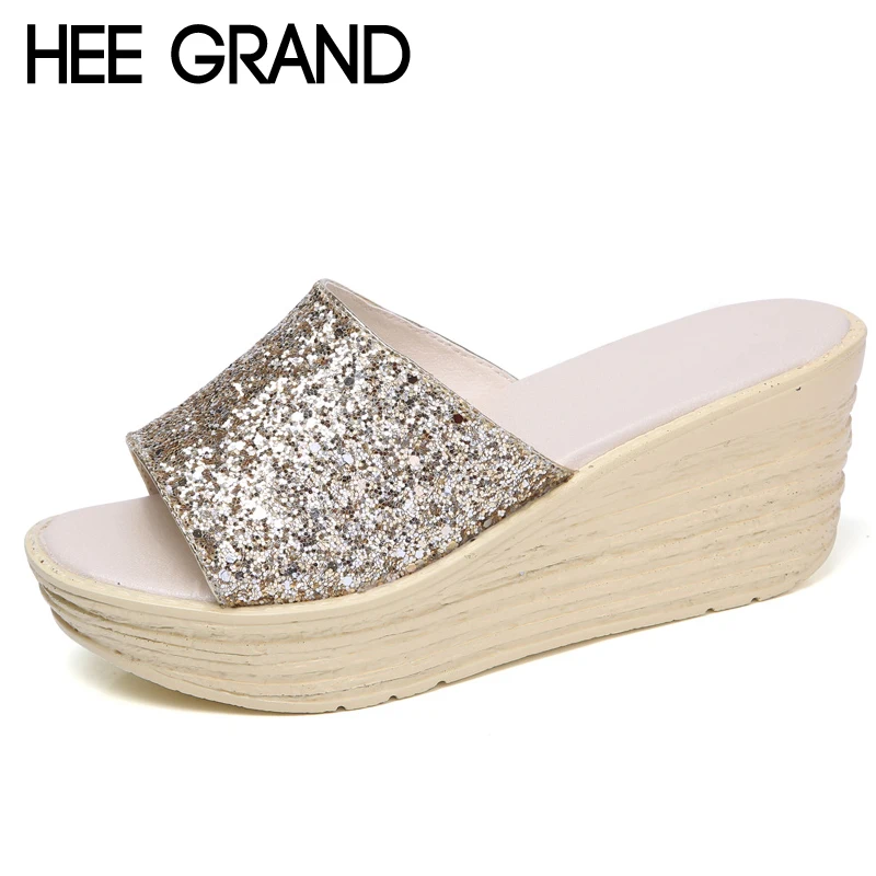 

HEE GRAND 2018 Summer Bling Bling Platform Wedges Slippers Beach Creepers Slip On Shoes Woman Color Gold Sliver XWZ4646