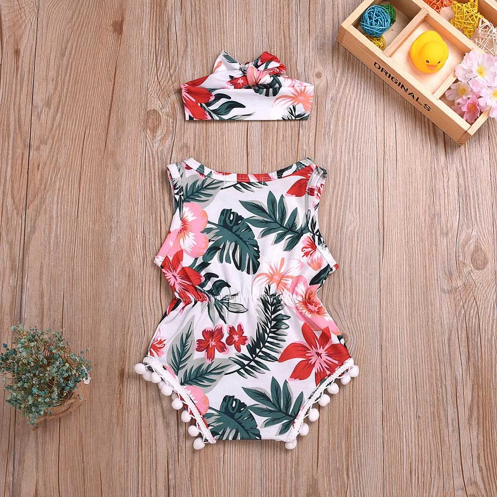 CHAMSGEND Summer Infant для маленьких мальчиков и девочек без рукавов Цветочный принт комбинезон+ повязка на голову MAR3 P35