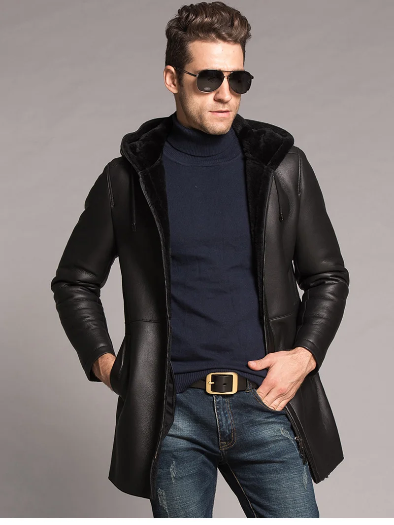 Новое мужское зимнее пальто из овечьей шерсти мужские теплые кожаные длинные пальто с капюшоном Роскошные Натуральная меховая Шуба для мужчин TJ11
