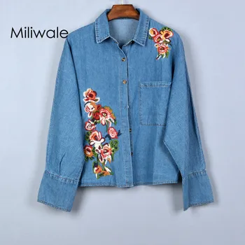 

New fashion embroidery floral denim shirt long bat wing loose button square collar thin summer spring women shirt 1903
