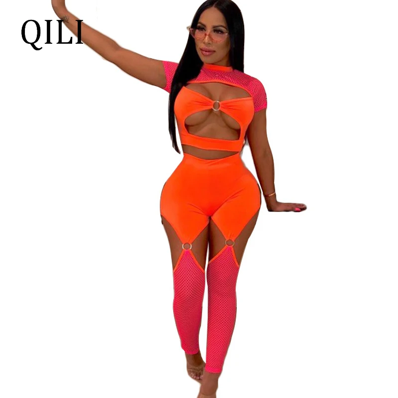 

QILI Women Short Sleeve Jumpsuits Sexy Hollow Out Mesh Patchwork 2 Piece Set Jumpsuit 2019 New Style Fashion Sexy Club Jumpsuits