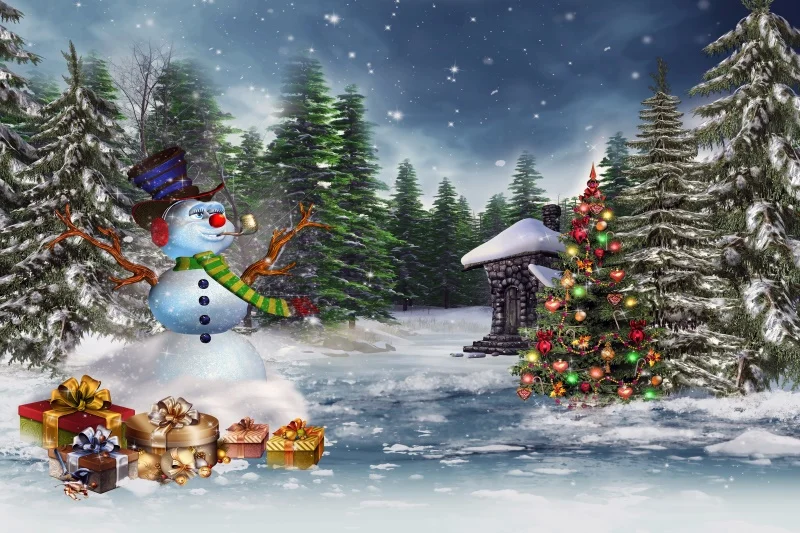 

Laeacco Photography Backdrops Christmas Tree Snowman Pine Gift Pine Tree Snowflake Scene Photo Background Photocall Photo Studio