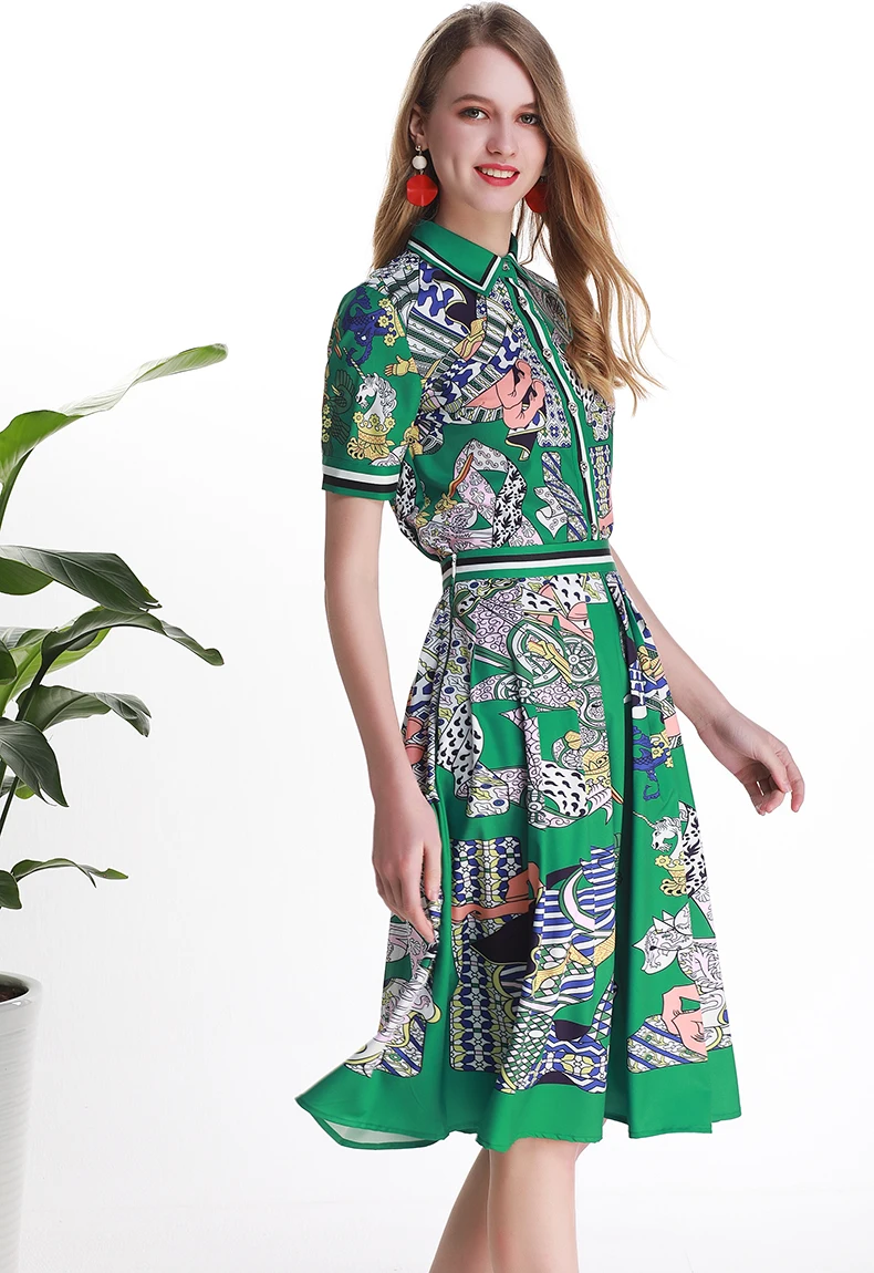 MoaaYina модельер Set Для женщин с коротким рукавом с цветочным принтом элегантные зеленая рубашка Топы + юбка из двух Костюм из нескольких