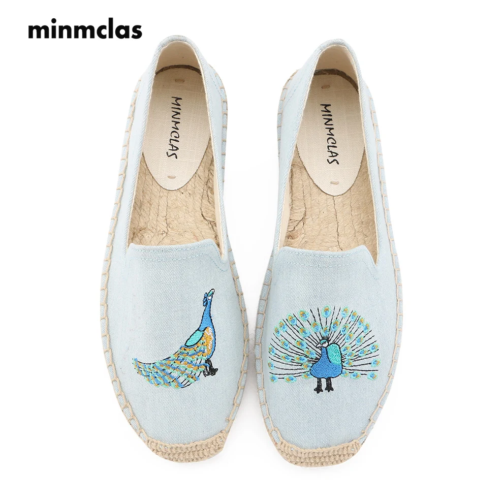 

MInmclas New Peacock Embroidery Comfortable Slippers Womens Casual Espadrilles Shoes Breathable Flax Hemp Canvas for Girl Shoes
