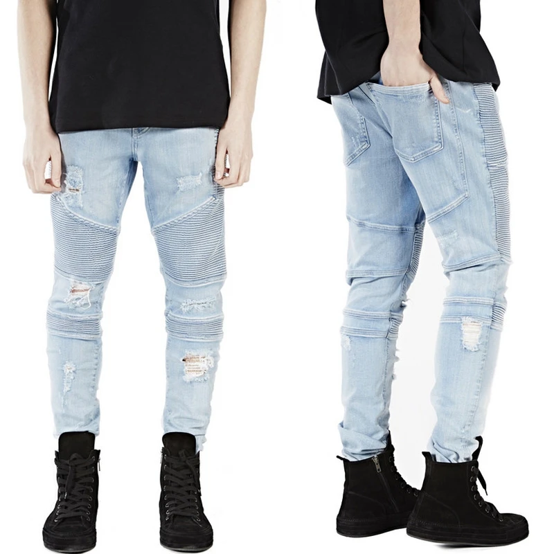 Европейской и американской хип-хоп Узкие рваные байкерские джинсы высокого качества тонкий плиссированные стереоскопического