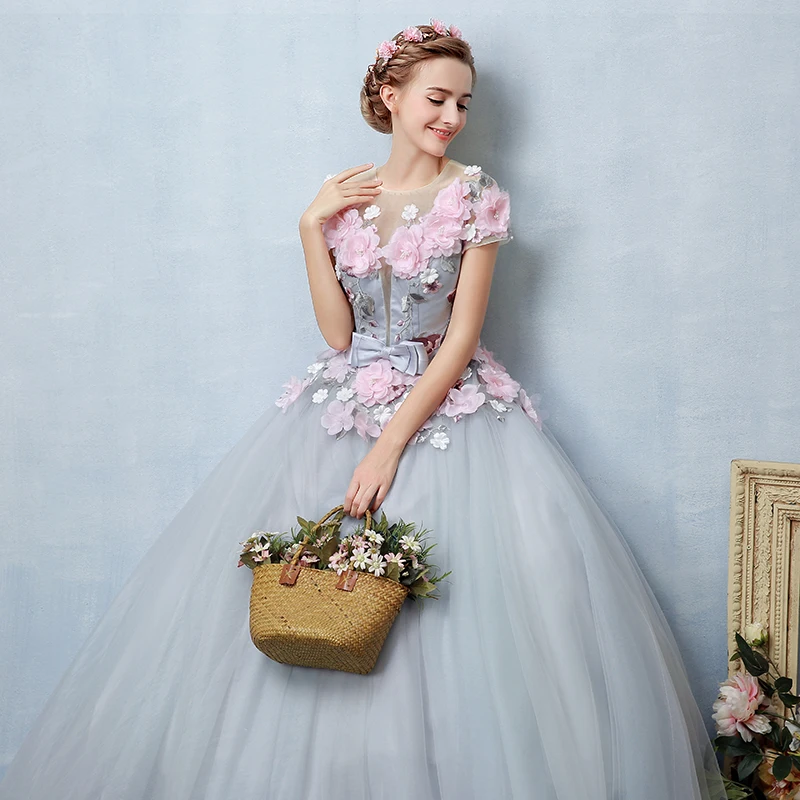 

100%real light grey pink flowers fairy cosplay ball gown royal princess Medieval Renaissance Victorian dress Belle ball
