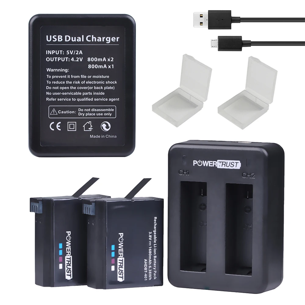 PowerTrust 1680mAh 2 шт AHDBT-401 AHDBT 401 AHDBT401 батарея+ двойное зарядное устройство USB для экшн-камеры GoPro Hero4 HERO4