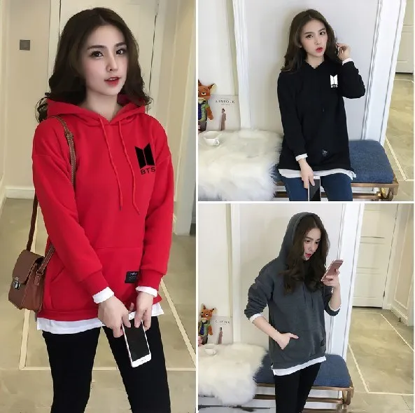 BTS красный поддельные двойка толстовки KPOP осень толстовки с капюшоном свободные пуловеры для женщин женские Harajuku уличная повседневное