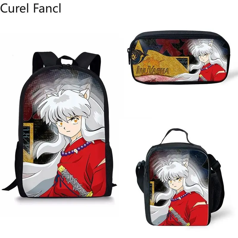 Новинка,, 3 предмета, школьные сумки с принтом Inuyasha, детские школьные рюкзаки для мальчиков, сумка через плечо, Детская сумка для книг типа «сатчел»