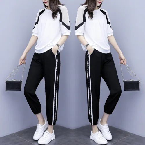 

Casual 2019 Summer Pocket Two Piece Set Chic Loose Korean Sportsuit Striped Patchwork Plus Size Fashion Women's Tracksuit