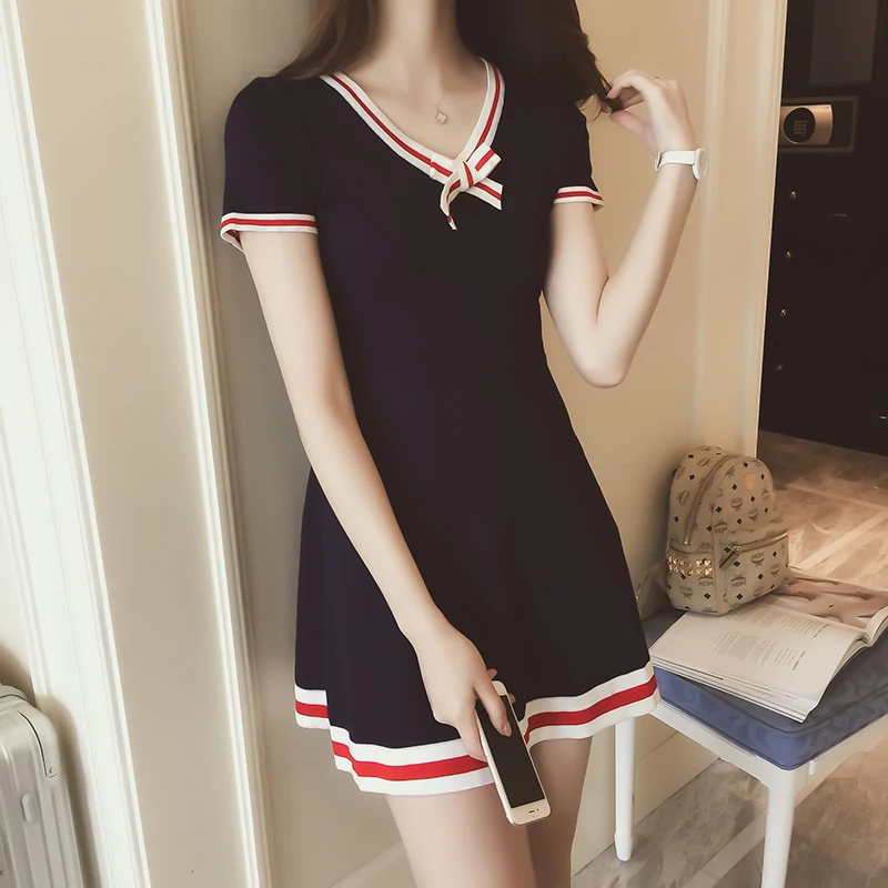 

New Preppy Style Knitting Dress Bow V-neck Short Sleeve Cute Dresses Preppy Student Uniforms Lolita Dresses