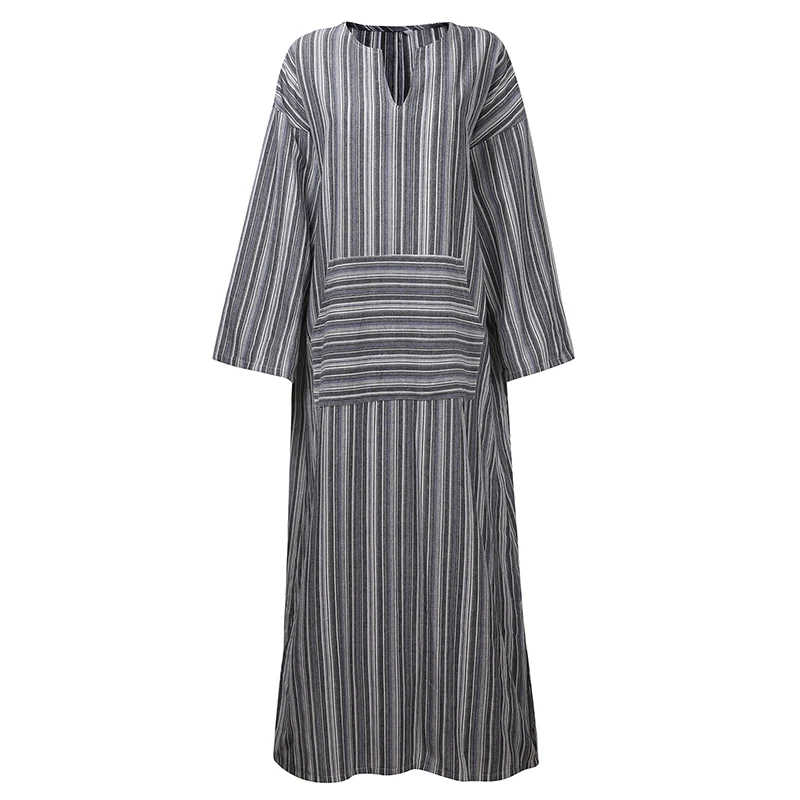 

S-5XL Women Vintage Cotton linen Maxi Long Dress Striped Retro Pockets Female Loose V Neck Dresses Vestidos Plus Size Mori Girl