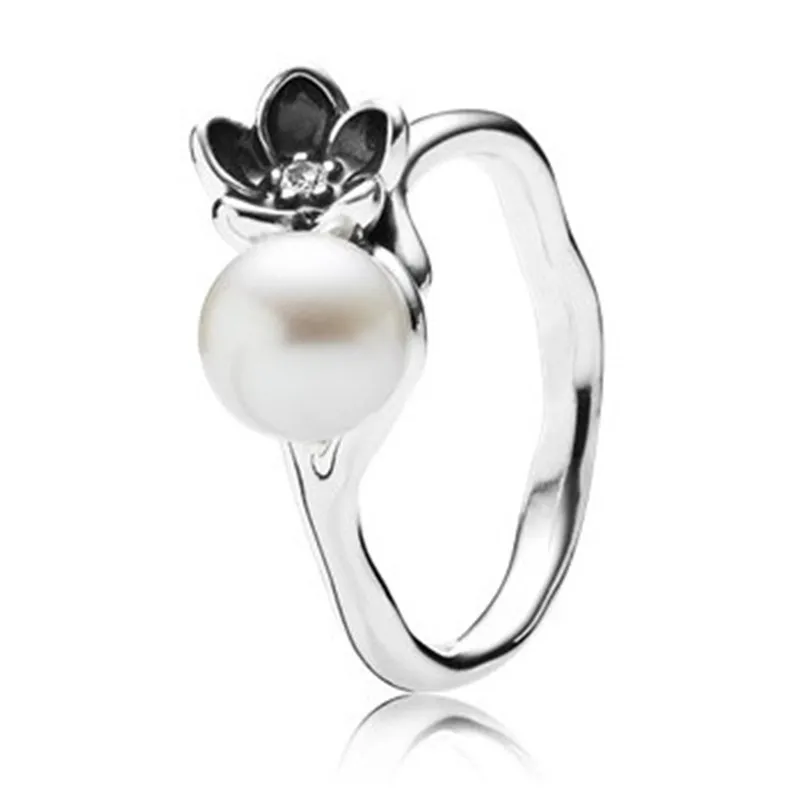 

Vintage 100% 925 Sterling Silver Black Flower White Pearl Ring For Women Wedding Engagement Ring Fine Europe Jewelry Original