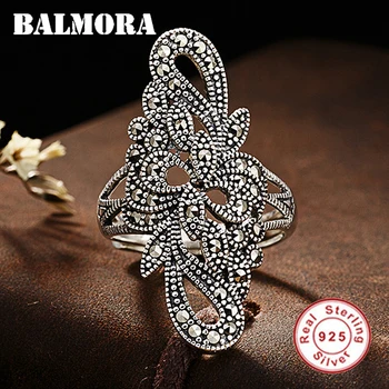 

BALMORA 925 Sterling Silver Mosaic Resizable Hollow Rings for Women Gift Ring Thai Silver Vintage Fashion Jewelry MKS20310
