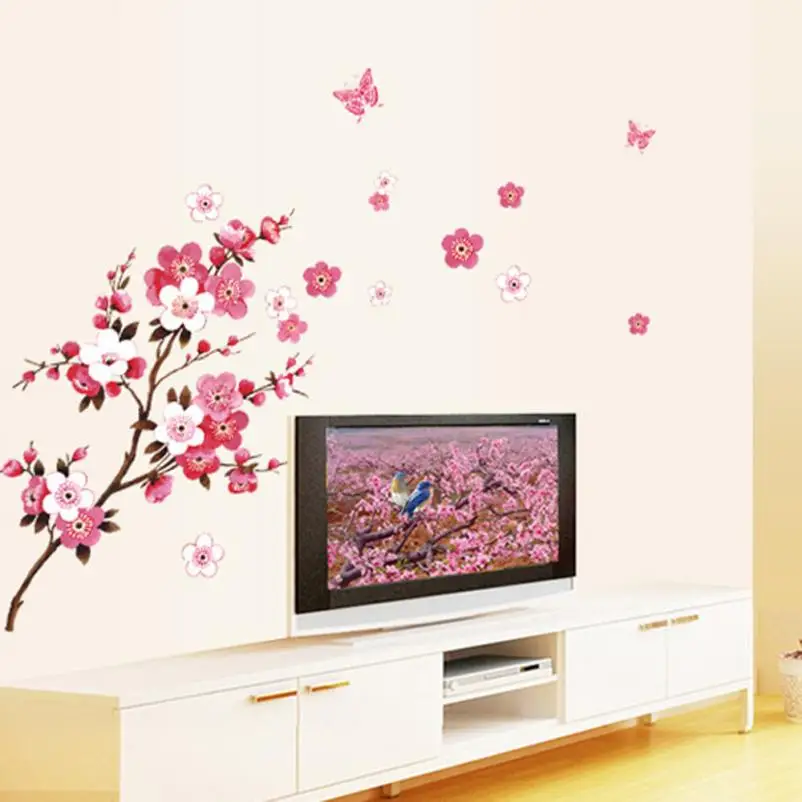 Съемная виниловая художественная Наклейка на стену с цветком и бабочкой, домашний декор для комнаты, Сливовая Настенная Наклейка s Wandaufkleber Aug9
