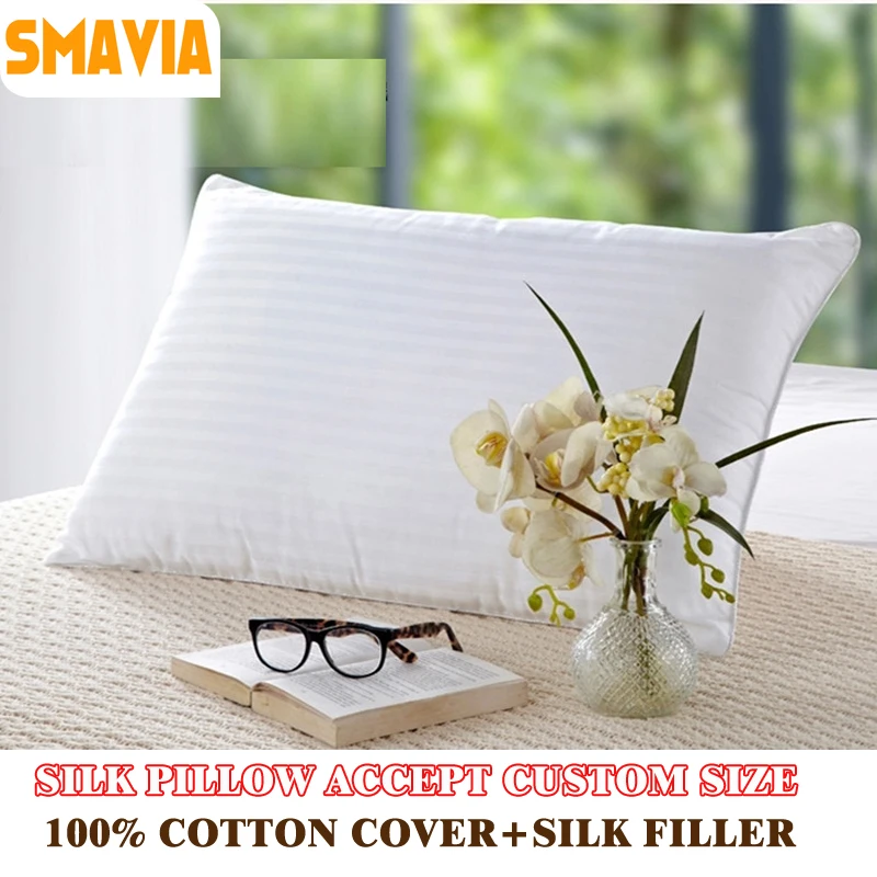 SMAVIA Silk Filled Pillow 100% Cotton Cover Zero Pressure Soft Bedding Pillow 48*75cm/51*66cm/51*92cm/66*66cm ACCEPT CUSTOM SIZE
