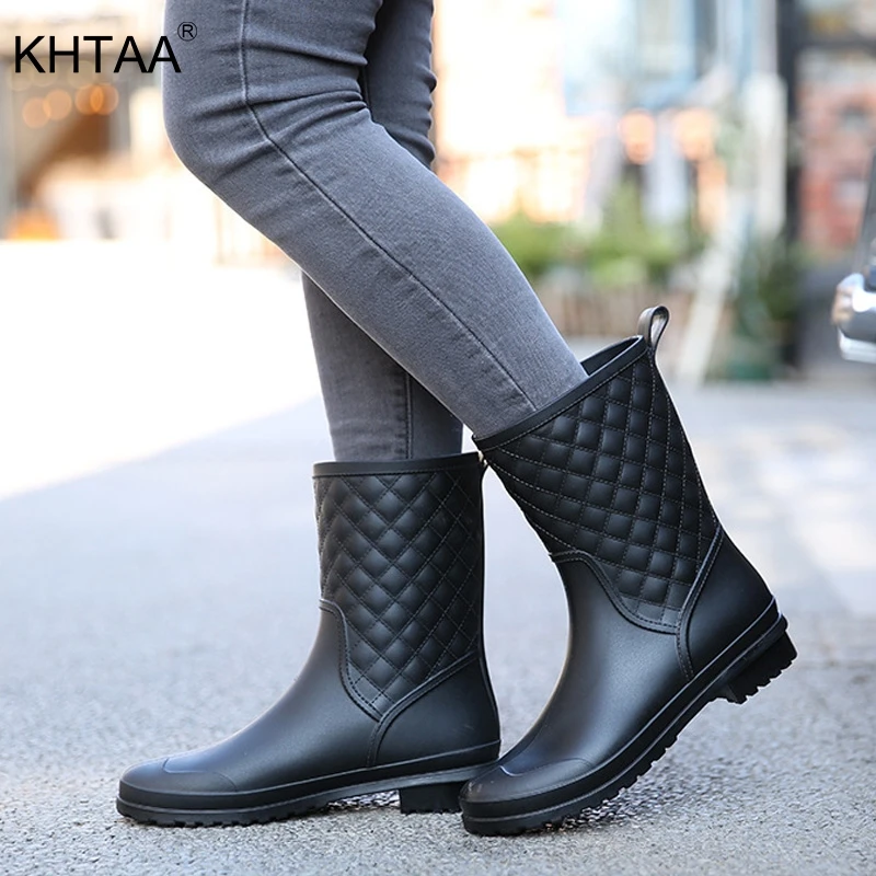 

Women Rainboots Flat Platform Low Heels Mid Calf Boot New Fashion Female Slip On Sewing Casual Shoes Ladies Waterproof Footwear