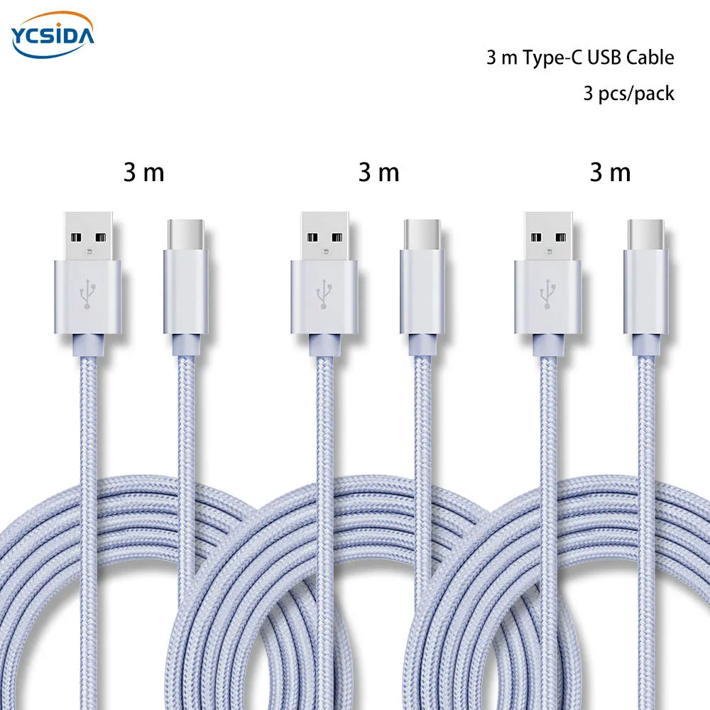 Золото 3 м 3 шт./упак. 5 V 2.4A USB C для передачи данных в нейлоновой Зарядное устройство кабель для samsung S10/LG G6/huawei mate 20/xiao Mi 8/OPPO R17/vivo NEX кабель - Тип штекера: Silver 3m 3pcs