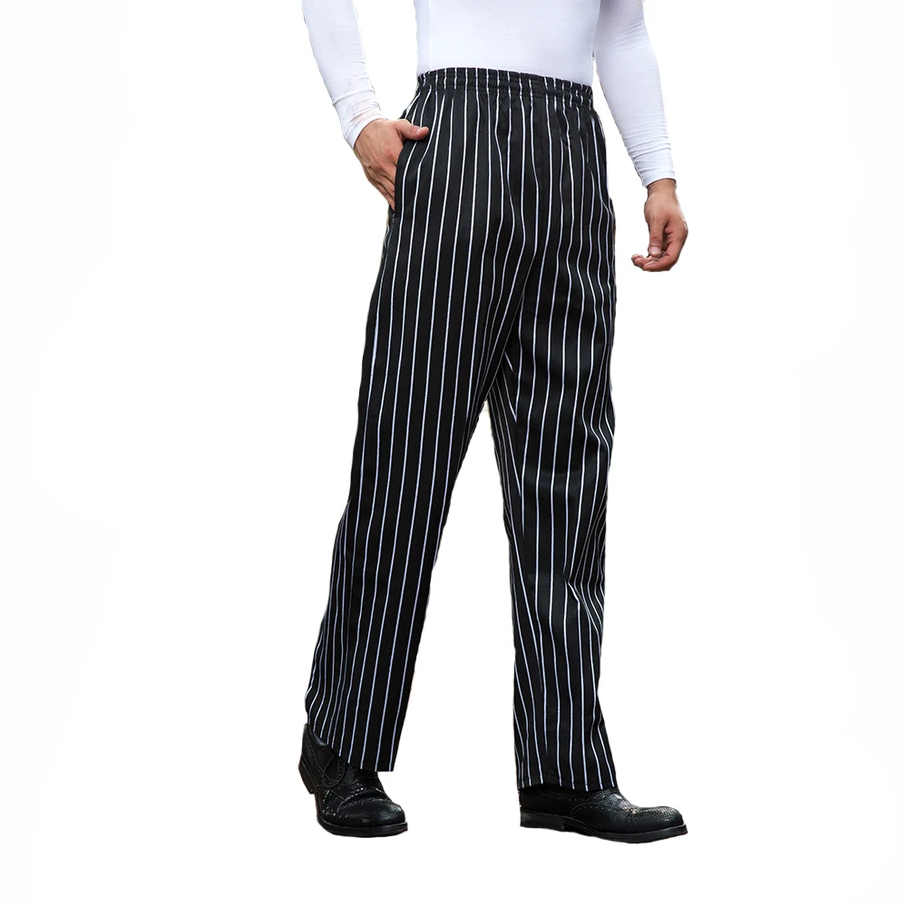 

new chef service cook uniform catering chef executive chef pant black white striped elastic restaurant uniform work clothes men