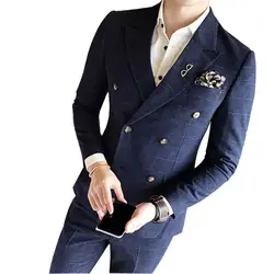 (Куртка + Штаны + жилет) заказ шерсть мужчин костюм для свадьбы Slim Fit Пром Жених партия костюм для синий двубортный
