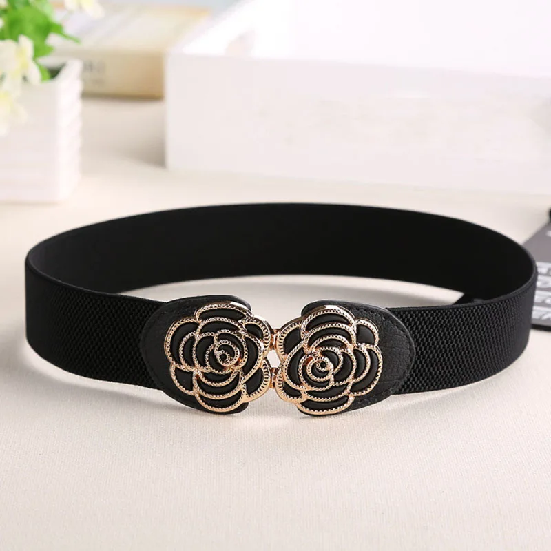 Hot Women Wide Waist Belt Vintage Metal Flower Elastic Stretch Buckle Waistband Cummerbunds black waist belt