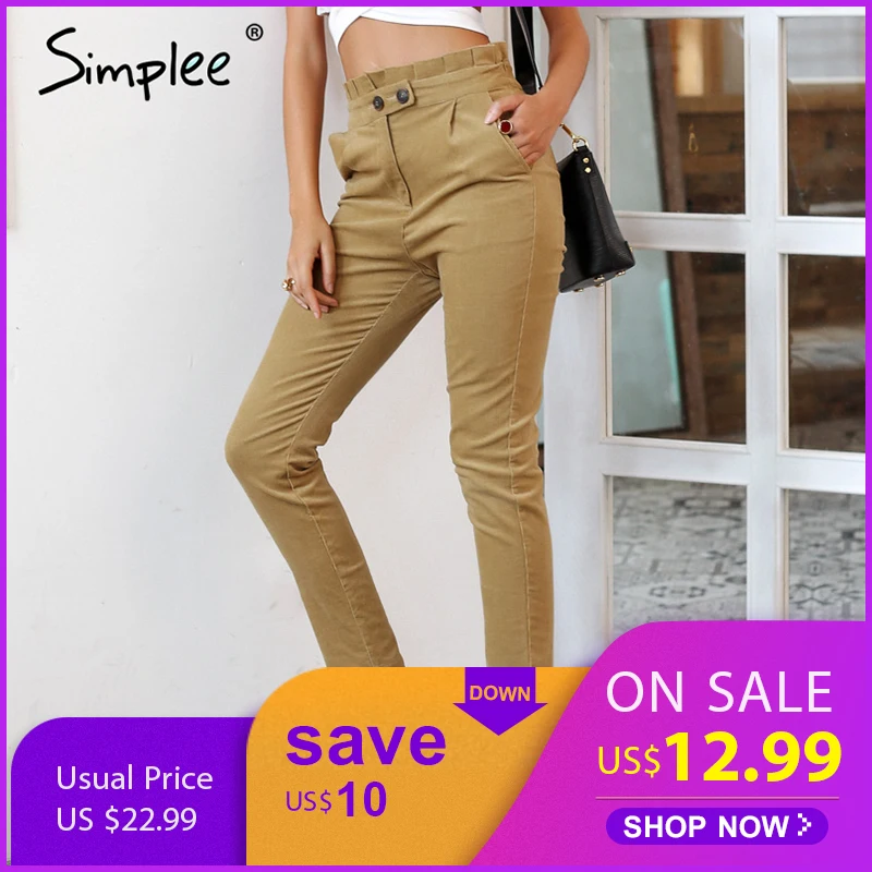 Simplee ruffle waist women corduroy pants Ladies bottoms female trouser casual 2018 autumn pencil pants high waist trousers