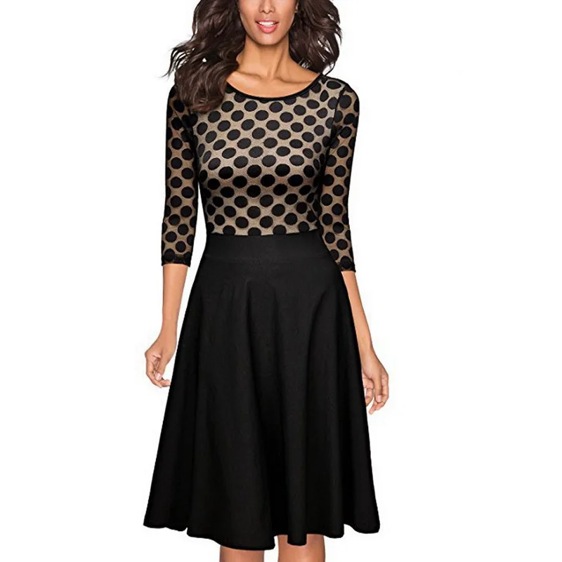 3/4 Sleeve Summer Lace Polka Dot Dress O Neck Tunic See Through Sleeve
