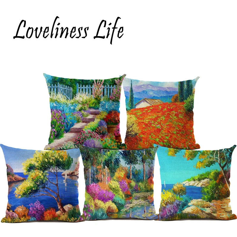 cheap Retro Vintage Oil Painting Garden Lavender Flower Home Decorative Cotton Linen Pillow Case Cushion Cover for Sofa Seat Cojines