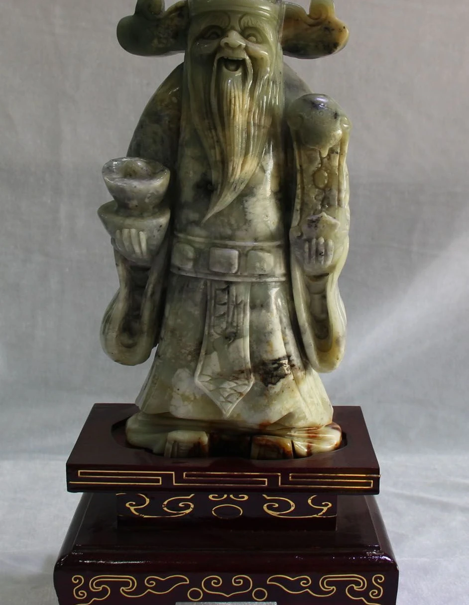 

15" Natural Green Jade Pure Hand Wealth Yuanbao Mammon God Hold Ruyi Sculpture