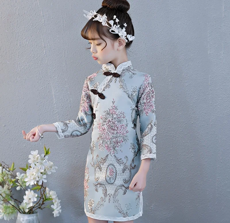 Qipao/Зимний китайский новогодний костюм для девочек теплое китайское платье с длинными рукавами и цветочным рисунком для маленьких девочек, платье Чонсам для детей, AA4420