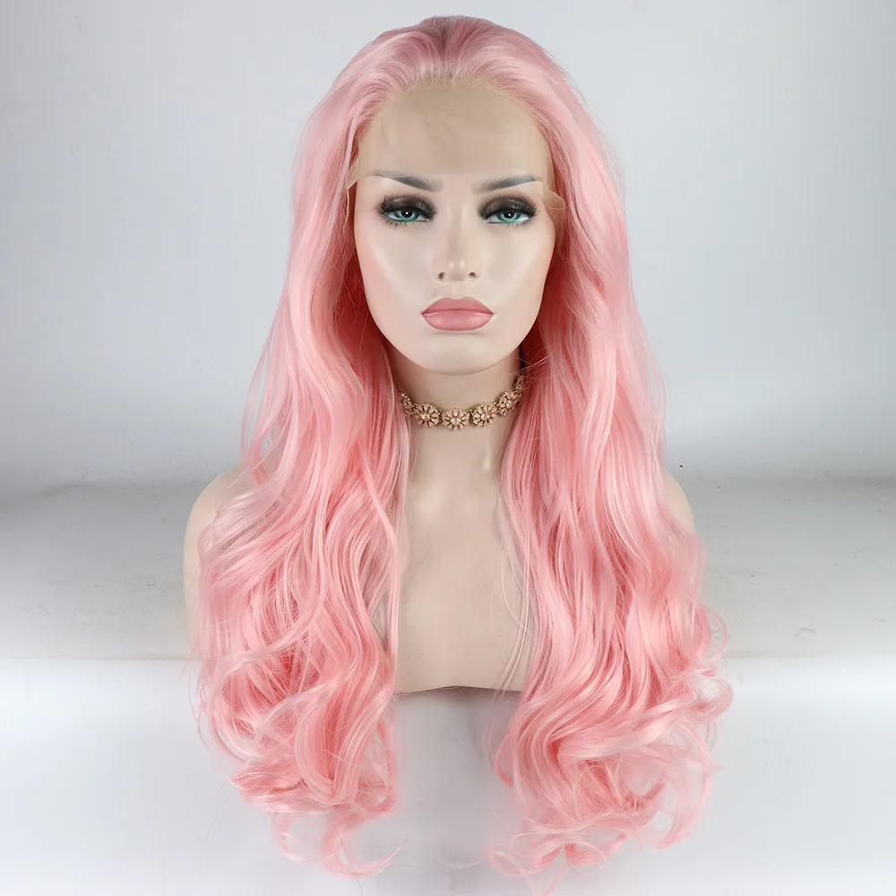 Fantasy Beauty Long Wavy Wig Baby Pink Synthetic Lace Front Wigs Heat Resistant Fiber Soft Hair