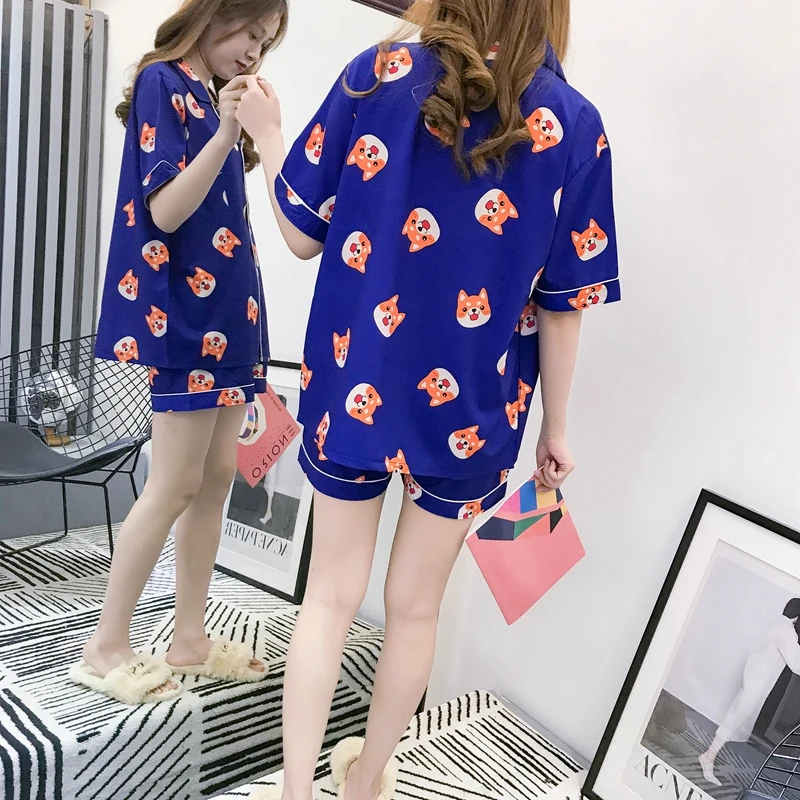 Для женщин летние пижамы Kpop Шиба Kawaii с рисунком собаки пижамы шелковые пижамы mujer пижамы наборы девушки kigurumi Ночное