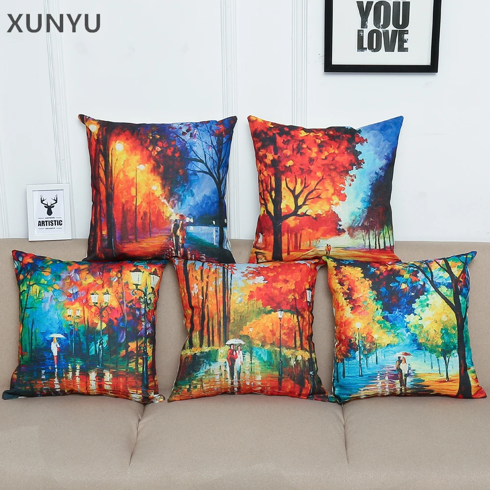 buy XUNYU European Style Oil Painting Landscape Pattern Linen Pillowcase Printing Cushion Cover Home Sofa Square Throw Pillow Cover