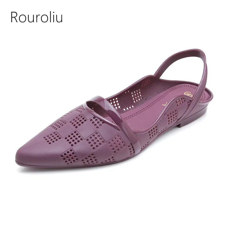 

Rouroliu Women Pointed Toe Shallow Rain Shoes Soft Breathable Waterproof New Jelly Shoes Non-Slip Casual Flats FR81