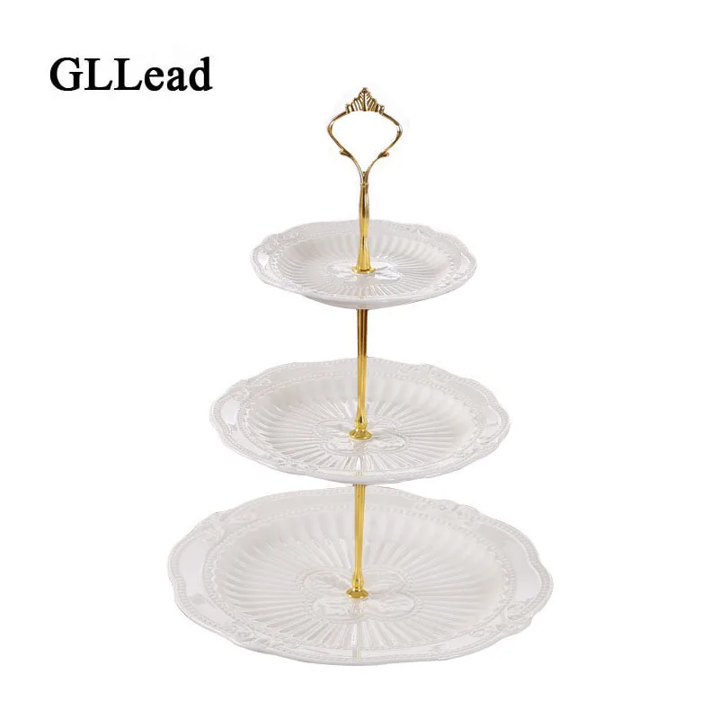 

GLLead Pure White Fashion Ceramic Three Layer Fruit Plate Home Dining-Table Cake Dish Party Cerative Dessert Plates