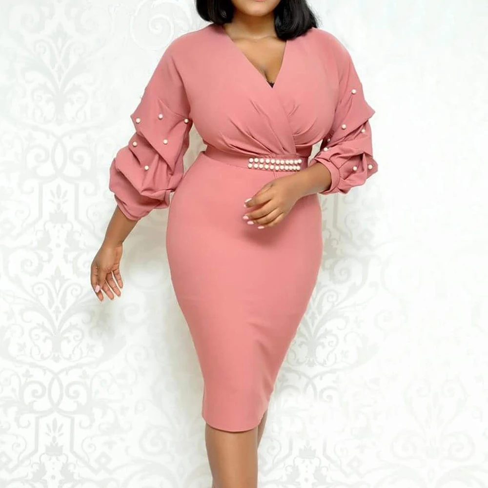 

2018 Women Sexy V-Neck Wraps High Waist Beading Pleats Lantern Sleeve Bodycon Elegant Slim Dress