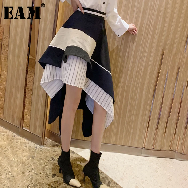 

[EAM] 2019 New Spring Summer High Waist Dark Blue Irregular Striped Split Joint Half-body Skirt Women Fashion Tide JW826