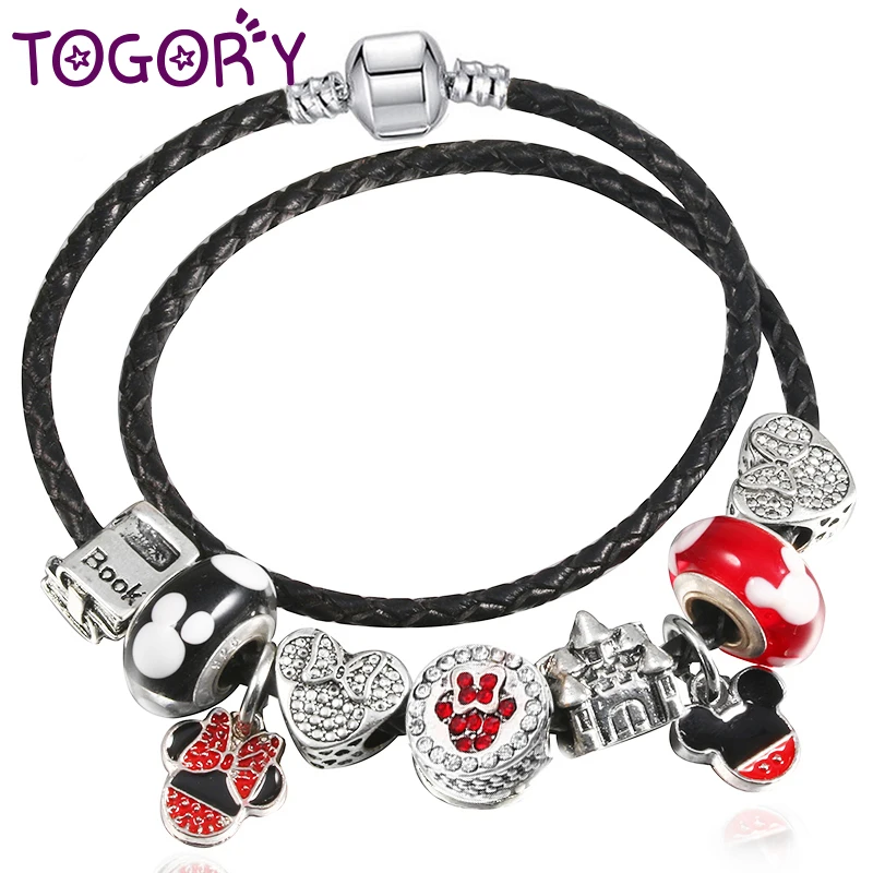 

TOGORY Dropshipping Mickey Minie Charm Bracelet Silver Color with Leather Chain & Red Beads Pandora Bracelet Authentic Jewelry
