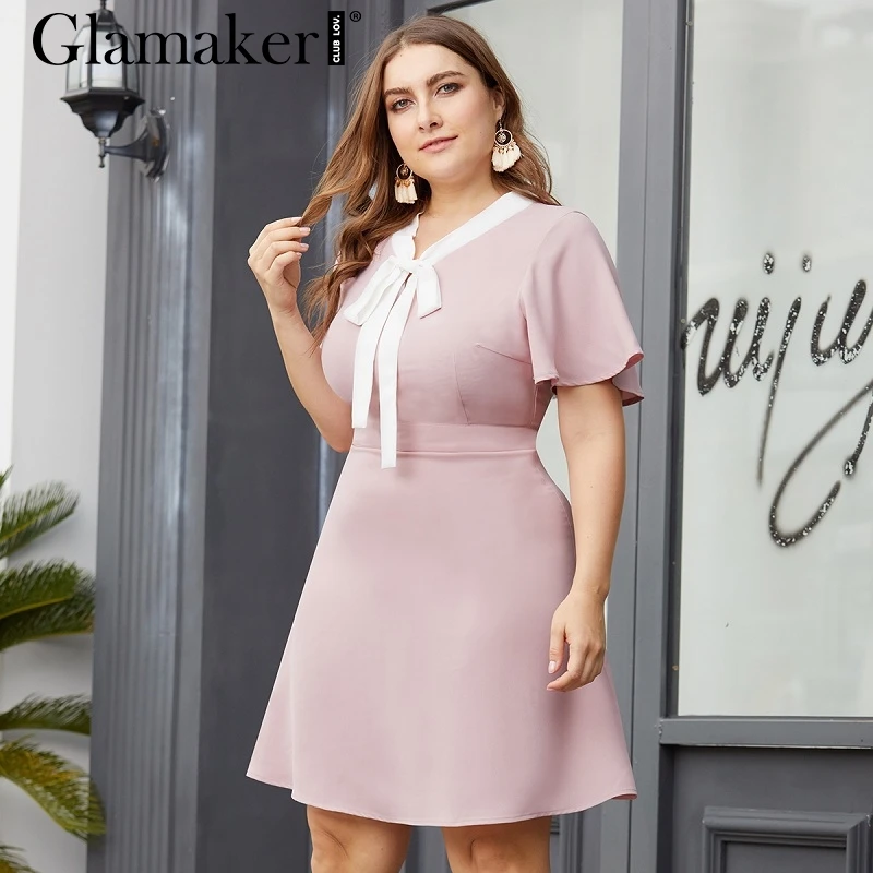 Glamaker розовое платье с оборками с коротким рукавом женское элегантное кружевное мини-платье с бантом для женщин летнее праздничное платье большого размера