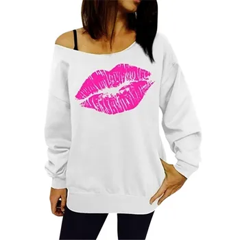 

fashion Hoodies & Sweatshirts Women Sweatshirt Casual Sexy Lip Print Pullover Inclined Shoulder Long Sleeve Top