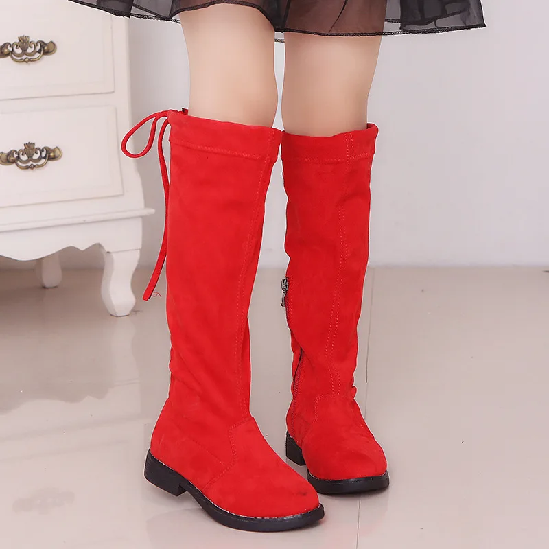 Princesse mode printemps hiver bottes noir rouge marron Size26-37 décontracté enfants chaussures Vintage chaussures filles genou-haute bottes longues