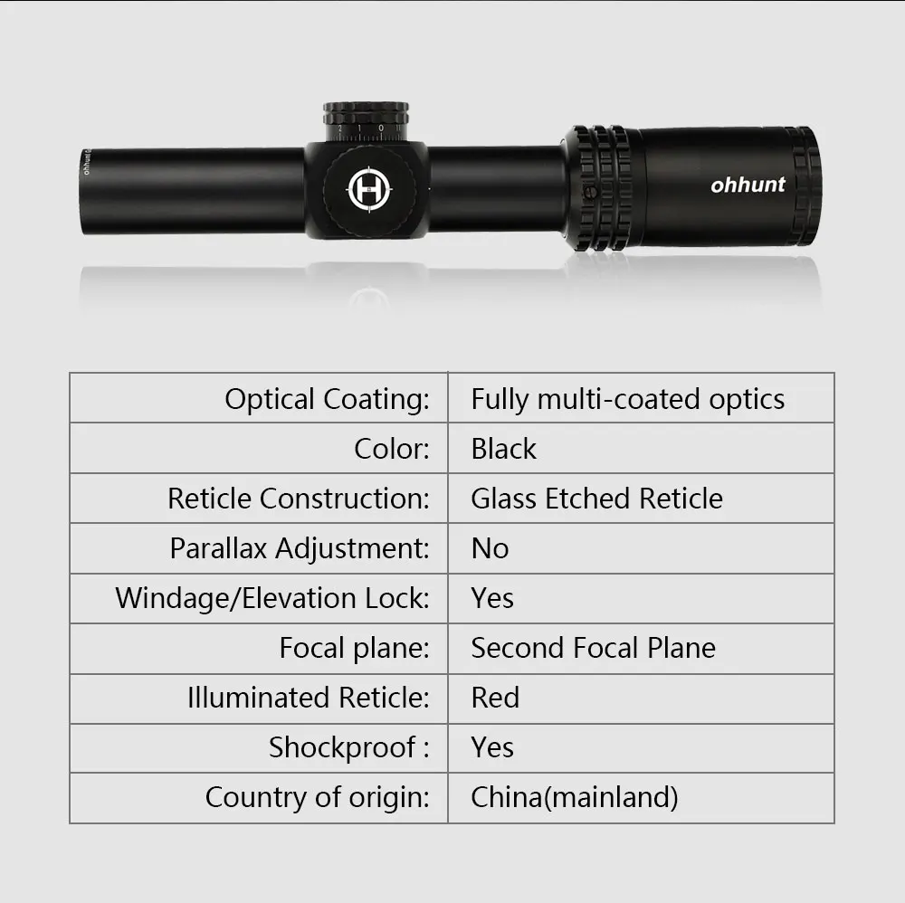 ohhunt Guardian 1-6X24 IR Hunting Riflescopes Compact Glass Etched Reticle llluminate Turrets Lock Reset Tactical Optical Sight