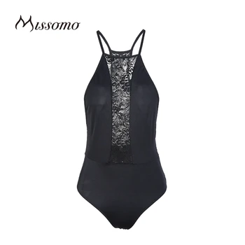

Missomo New Fashion Women Black Sexy Lace Spaghetti Strap Semi-sheer Print Flower Soft Breathable Bodysuits