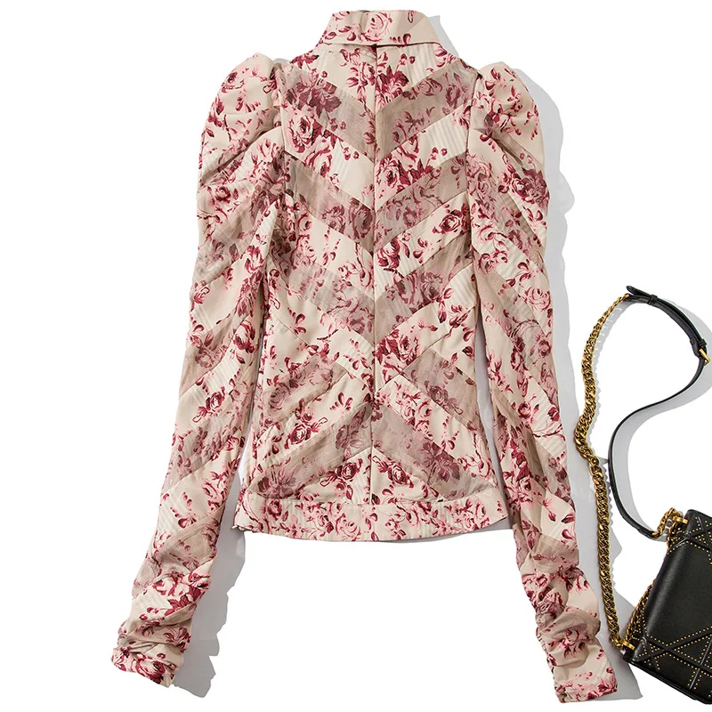 Галстук-бабочка элегантные блузки весна осень модная розовая рубашка женское с буфами рукав милый цветочный принт Женская рубашка Feminino