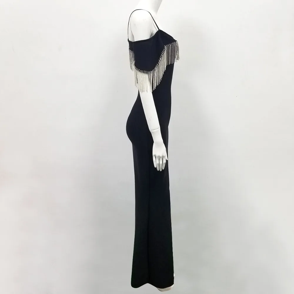 Новая женская обувь черного цвета с бахромой Спагетти ремень Maxi Dress vestidos облегающее для вечеринки со знаменитостями бандажные платья