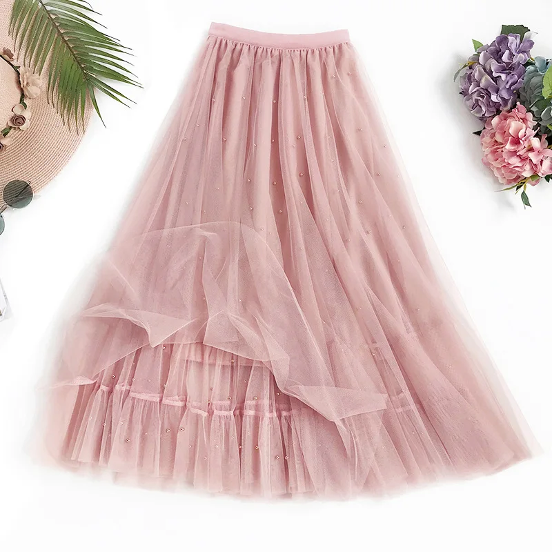 

New Spring Summer Skirts Womens Long Skirt Basic Elastic High Waist Female Overlay Mesh Skirts Pleated Beading Tutu Maxi Skirt