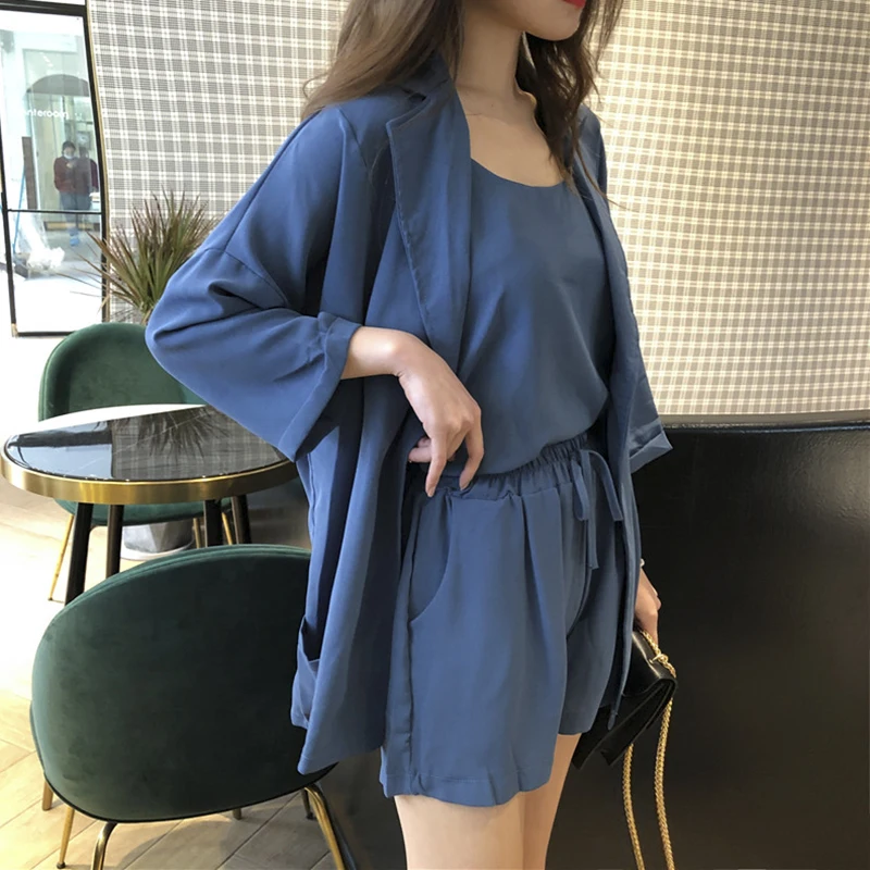 

Women's Sets Spring Summer 3 Pieces Suits Blazers+Camisole+Shorts Casual Solid Jackets+Shorts Women Suits Elastic Wasit