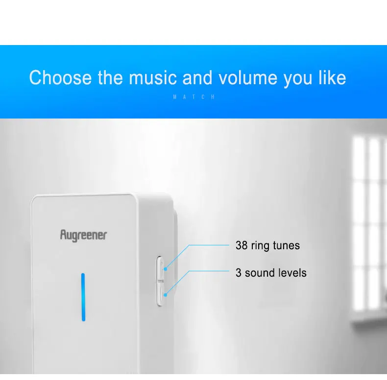 Augreener Wireless Doorbell Button Waterproof No Battery Door Bell EU US UK Plug 100M Long Working Range With 6 Stickers Augreener Wireless Doorbell Button Waterproof No Battery Door Bell EU US UK Plug 100M Long Working Range With 6 Stickers