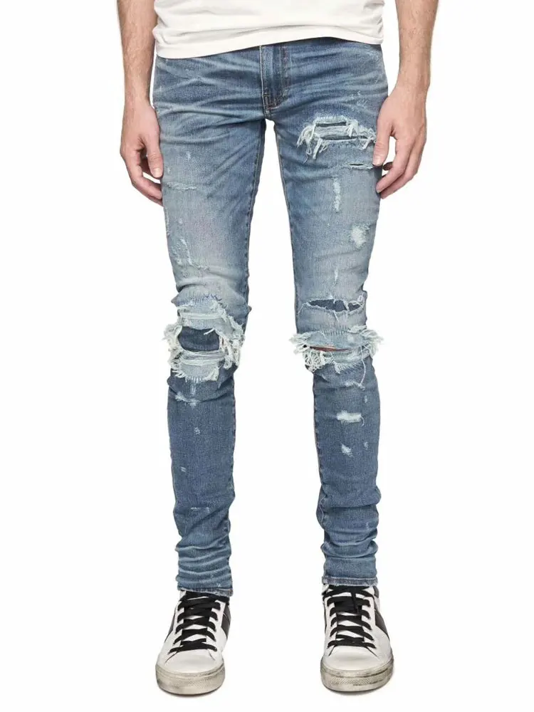 American Streetwear Fashion Men Jeans Blue Destroyed Patch Ripped Jeans