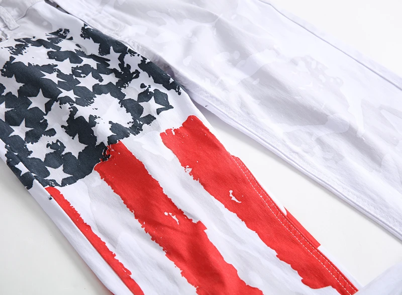 New White Jeans Men 2017 Fashion Hip Hop USA Flog Print Washed Cotton Jeans Casual Elastic 4